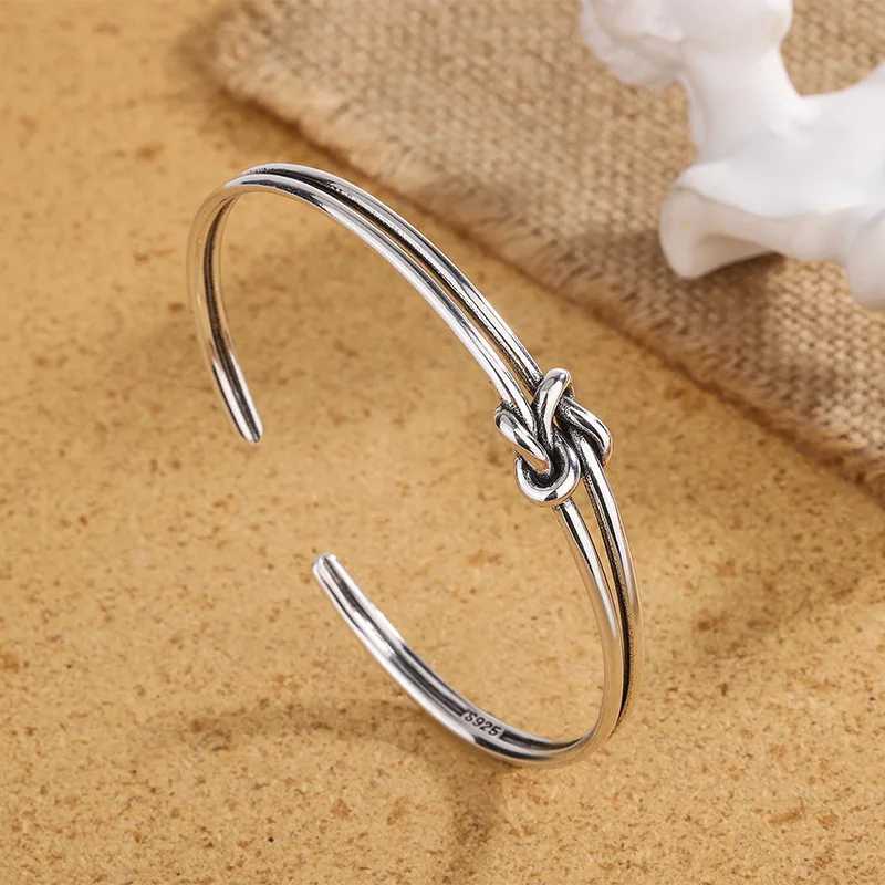 European Retro Personality Rope Buckle Two Thread Knotting Bangle Fashion 925 Sterling Silver Popular Opening Bracelets SL022 - Image 3