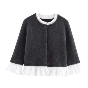 European and American 2025 autumn new women's clothing casual temperament simple round neck poplin splicing knitted jacket