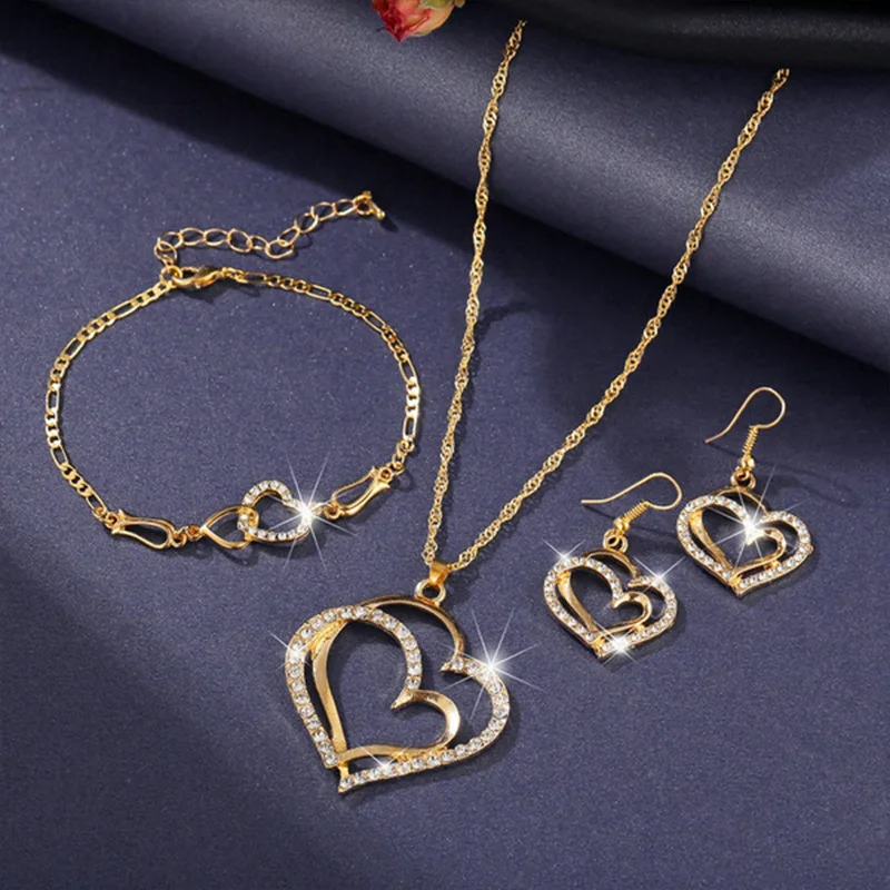 Exquisite Double Heart Necklace Earrings Bracelet Jewelry Set Shiny Zircon Lover Jewelry Bridal Wedding Party Romantic Gifts - Image 2