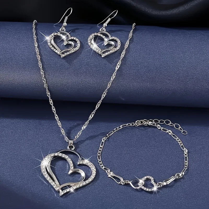 Exquisite Double Heart Necklace Earrings Bracelet Jewelry Set Shiny Zircon Lover Jewelry Bridal Wedding Party Romantic Gifts - Image 4