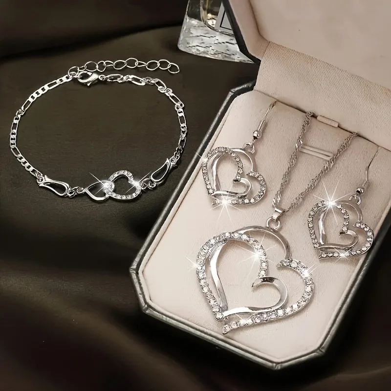 Exquisite Double Heart Necklace Earrings Bracelet Jewelry Set Shiny Zircon Lover Jewelry Bridal Wedding Party Romantic Gifts - Image 3