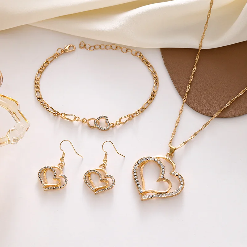 Exquisite Double Heart Necklace Earrings Bracelet Jewelry Set Shiny Zircon Lover Jewelry Bridal Wedding Party Romantic Gifts - Image 5