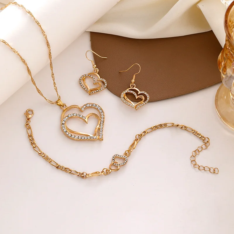 Exquisite Double Heart Necklace Earrings Bracelet Jewelry Set Shiny Zircon Lover Jewelry Bridal Wedding Party Romantic Gifts - Image 6