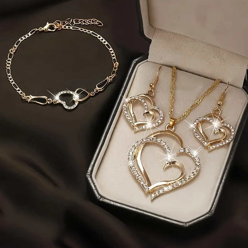 Exquisite Double Heart Necklace Earrings Bracelet Jewelry Set Shiny Zircon Lover Jewelry Bridal Wedding Party Romantic Gifts