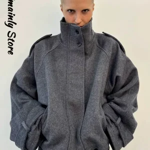 Fashion Short Woolen Coat Women Stand Collar Single-breast Full Sleeve Loose Jacket Female 2026 Spring Solid Lady Outwear