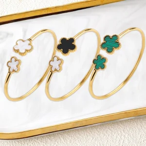 Fashion Stainless Steel Five Leaf Flower Open Bangle Bright Anti Allergy Waterproof Charm Texture High Quality Jewelry Clover