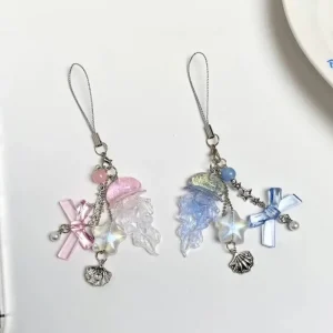 Fashion Starfish Mermaid Jellyfish Phone Charm Crystal Fishtail Bow Bead Phone Chain Keychain Pendant For Wallet Schoolbag