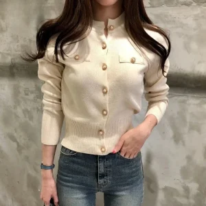 Fashion Women Cardigans Korea Autumn Long Sleeve Sweater Knitted Coat Short Casual Single Breasted Korean Slim Chic Ladies Tops