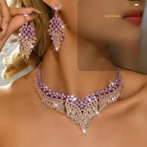 Fashionable Alloy Material Flash Diamond Dinner Party Necklace Earring Set Versatile Everyday Match Leaf Pattern Retro Style