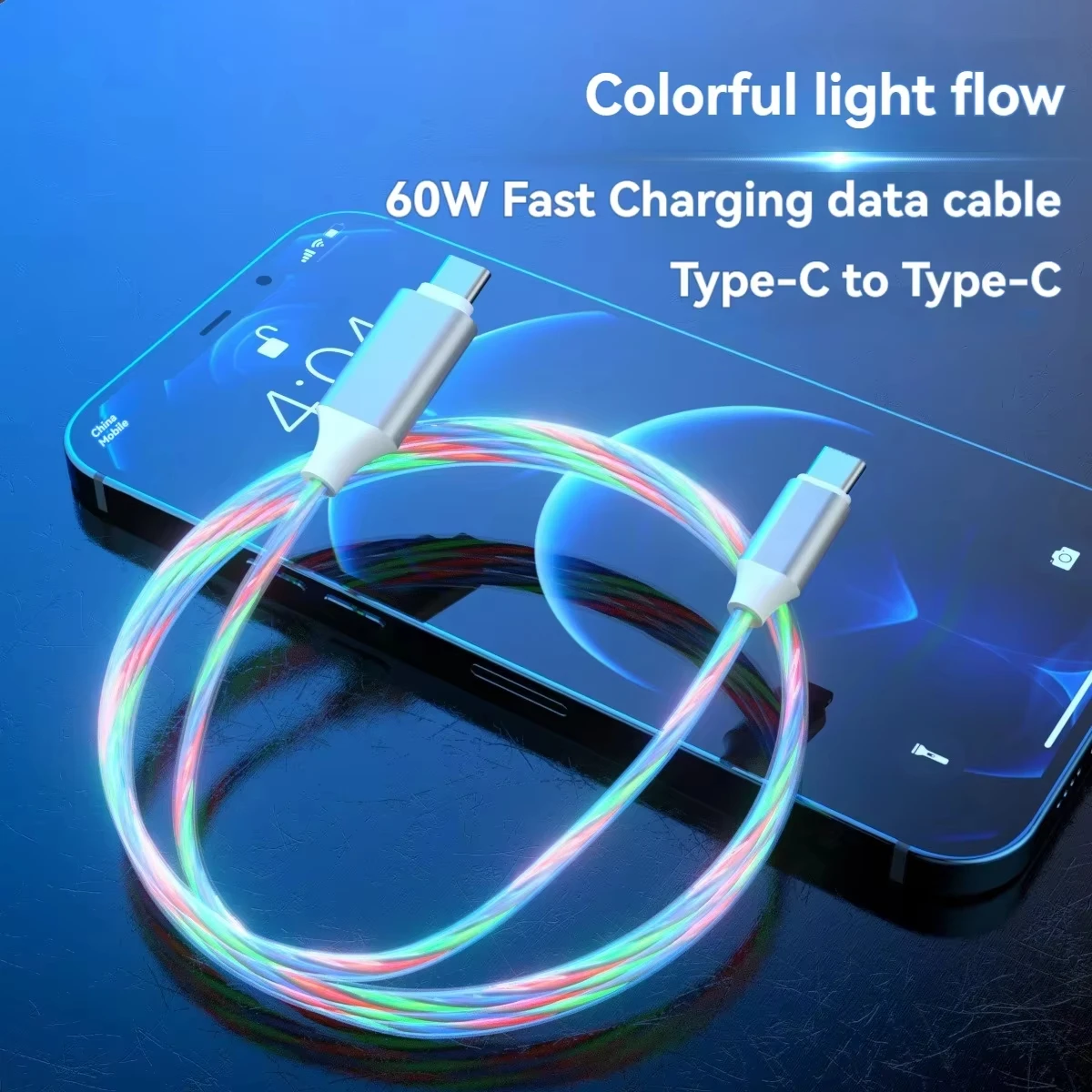 Flowing LED Light 60W USB C to Type C Fast Charger Cable Cord for Samsung S25 S24 Xiaomi Redmi Huawei iPhone 15 16 17 pro max - Image 2
