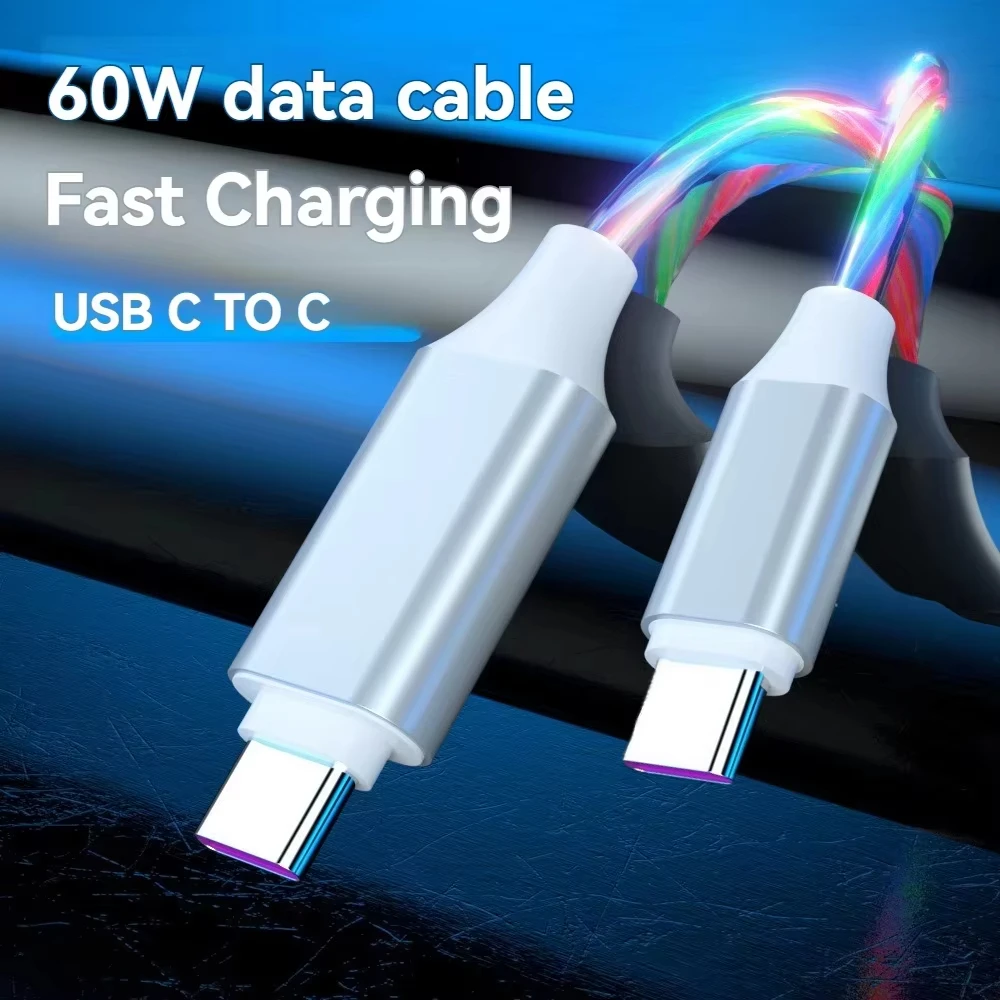 Flowing LED Light 60W USB C to Type C Fast Charger Cable Cord for Samsung S25 S24 Xiaomi Redmi Huawei iPhone 15 16 17 pro max - Image 3