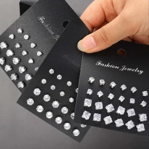Geometric Six-Claw Heart-Shaped Crystal Zircon Basic Set Ear Studs Vintage Elegant 36 Pairs Unisex