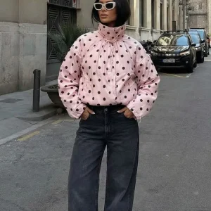 HH 2026 Spring Trend Women Polka Dot Pink Coats Turtleneck Long Sleeve Buttons Jacket Fashion High Street Lady Chic Tops Jackets