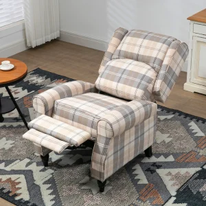 HOMCOM Wingback Recliner Armchair,Pushback Reclining Chair with Round Armrests,Footrest and Rubber Wood Legs,Khaki ﻿