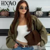 HXAO 2025 Suede Bomber Jacket Woman Green Khaki Outerwears Women's Jacket Spring Crop Oversize Long Sleeve Coats Fashion Jacket