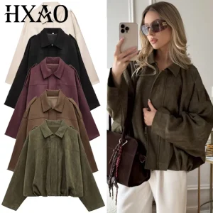 HXAO Women's Bomber Jacket Crop Suede Jacket Spring 2025 Oversized Long Sleeve Coats New In Coats & Jackets Plus Size Outerwears