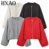 HXAO Women's Cropped Loose Jackets Red Grey Off White Black Outerwear Oversized Zip Up Long Sleeve Top Chic Bomber Baseball Coat