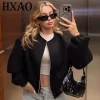 HXAO Women's Jackets Cropped Loose Outerwears Red Grey Off White Black Jacket Zip Up Long Sleeve Top Casual Varsity Bomber Coat