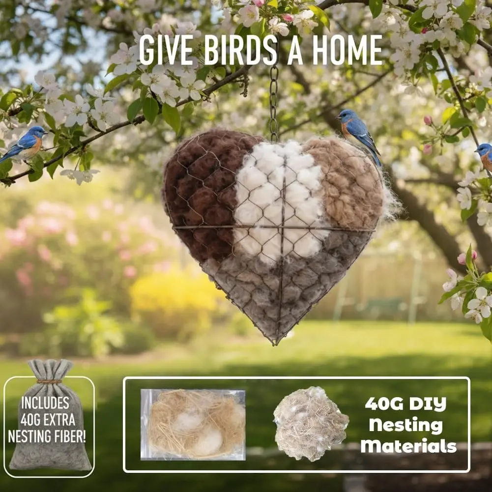 Handmade Fiber Bird Nesting Heart, Refillable Birds Haven, Winter Fowl Gifts Animal Hummingbirds Lovers Home Garden Yard - Image 2