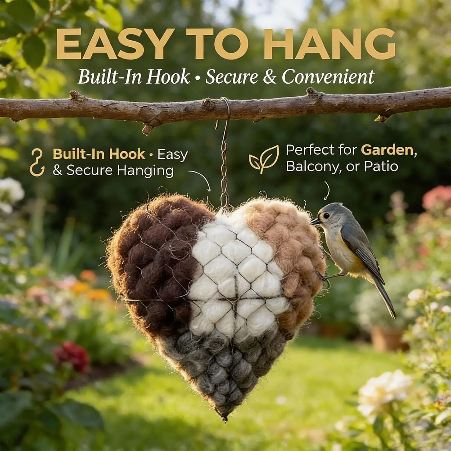 Handmade Fiber Bird Nesting Heart, Refillable Birds Haven, Winter Fowl Gifts Animal Hummingbirds Lovers Home Garden Yard - Image 3