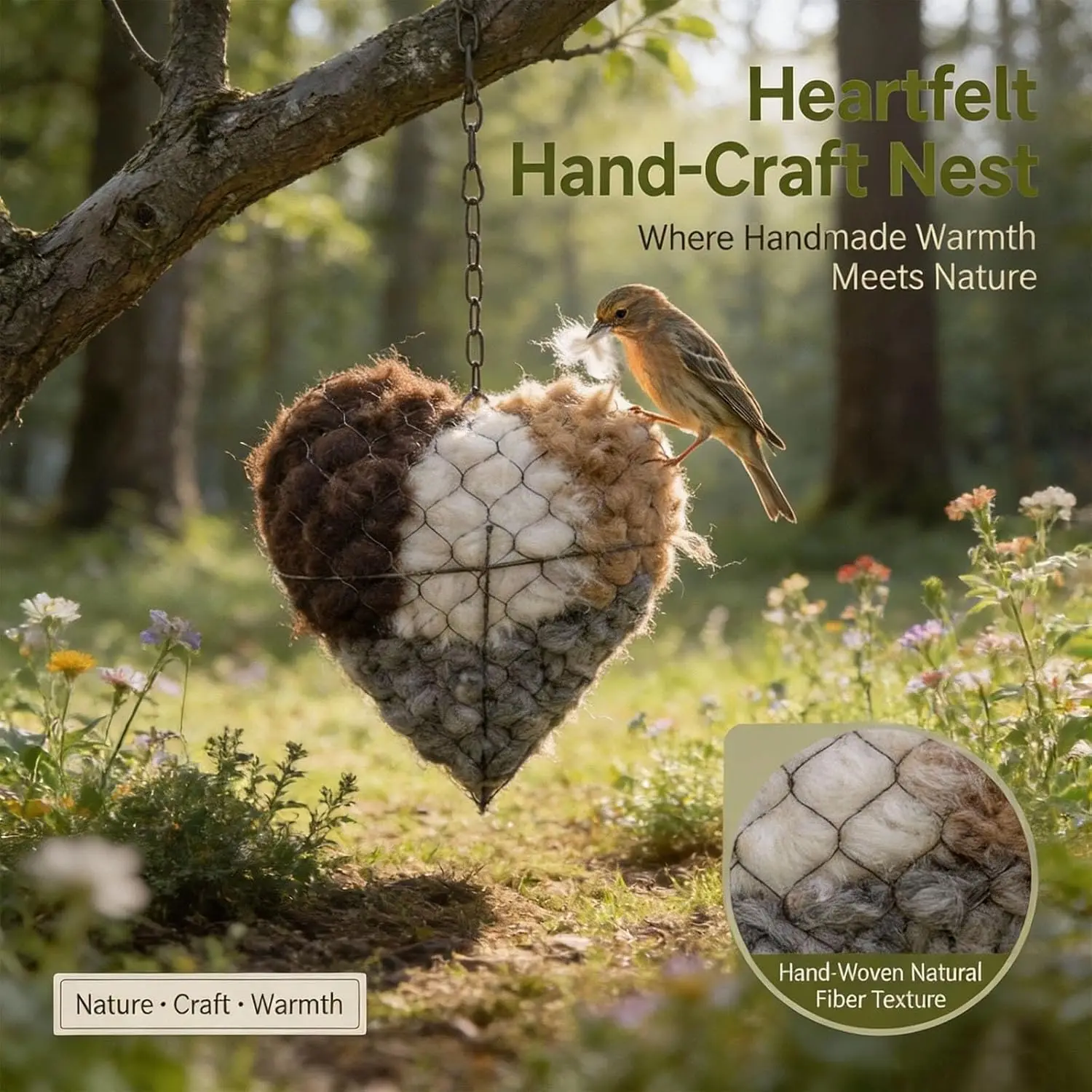 Handmade Fiber Bird Nesting Heart, Refillable Birds Haven, Winter Fowl Gifts Animal Hummingbirds Lovers Home Garden Yard - Image 4
