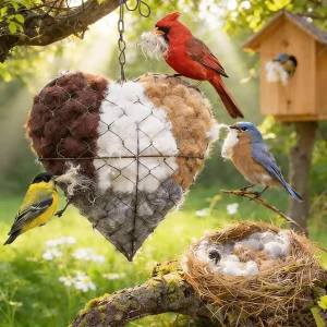 Handmade Fiber Bird Nesting Heart, Refillable Birds Haven, Winter Fowl Gifts Animal Hummingbirds Lovers Home Garden Yard