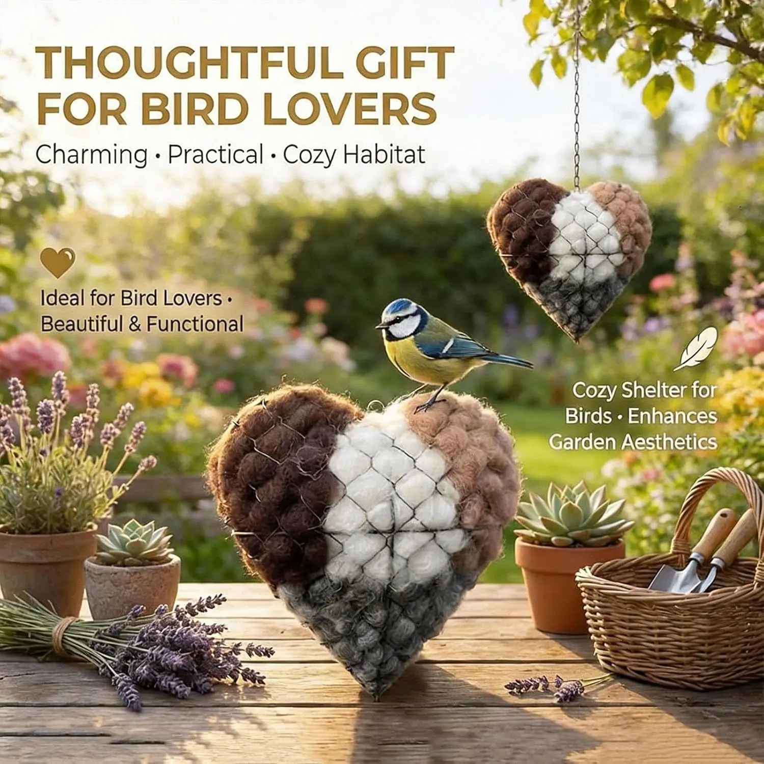 Handmade Fiber Bird Nesting Heart, Refillable Birds Haven, Winter Fowl Gifts Animal Hummingbirds Lovers Home Garden Yard - Image 5