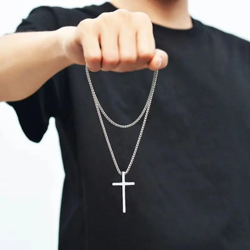 Hip Hop Trend Cross Pendant Necklace for Men Simple Punk Silver Color Titanium Steel Chain Versatile Street Jewelry Accessories - Image 2