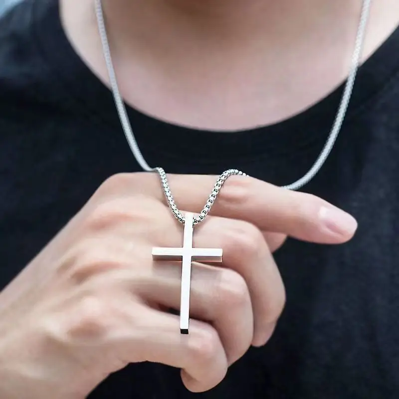 Hip Hop Trend Cross Pendant Necklace for Men Simple Punk Silver Color Titanium Steel Chain Versatile Street Jewelry Accessories - Image 3