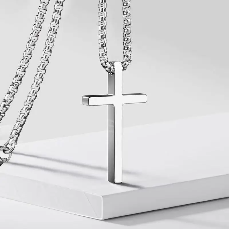 Hip Hop Trend Cross Pendant Necklace for Men Simple Punk Silver Color Titanium Steel Chain Versatile Street Jewelry Accessories