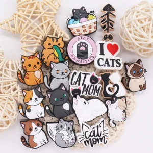 Hot Sales 1-17Pcs PVC Lovely Cats Animals DIY Boys Girls Shoes Charm Buckle Clog Fishbone Sandals Accessories
