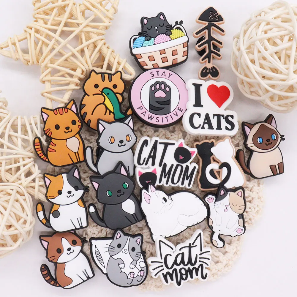 Hot Sales 1-17Pcs PVC Lovely Cats Animals DIY Boys Girls Shoes Charm Buckle Clog Fishbone Sandals Accessories