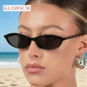 KLASSNUM Minimalist Oval Cats Eye Sunglasses Women Fashion Narrow Frame Y2K Small Shades Women Outdoor Travel Street Shooting