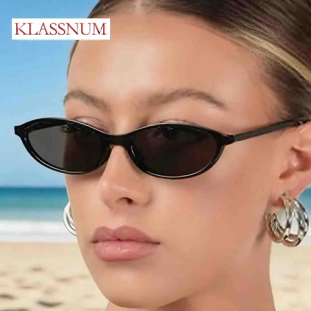 KLASSNUM Minimalist Oval Cats Eye Sunglasses Women Fashion Narrow Frame Y2K Small Shades Women Outdoor Travel Street Shooting