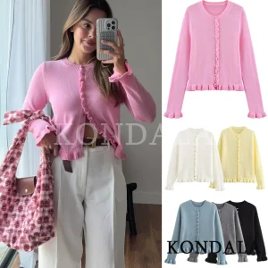 KONDALA Trendy Casual Knitted Cardigan Women Elegant Pleated Edge Slim Buttons Cardigan 2026 Spring Fashion Picnic Party Tops