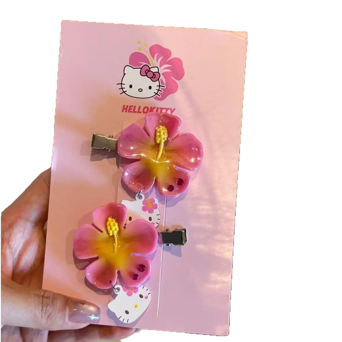 Kawaii Sanrio Hello Kitty Flower Hair Clips Set Pink Hibiscus Hair Pins Sweet Summer Hair Accessories for Women Girls - Image 3