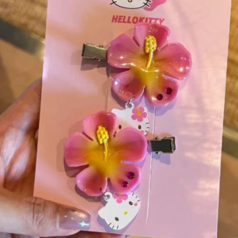 Kawaii Sanrio Hello Kitty Flower Hair Clips Set Pink Hibiscus Hair Pins Sweet Summer Hair Accessories for Women Girls - Image 4