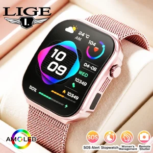 LIGE New 2.2-inch AMOLED Screen Smart Watch Women LED Light Health Monitor Smartwatch Bluetooth Call Sports Fitness Ladies Watch
