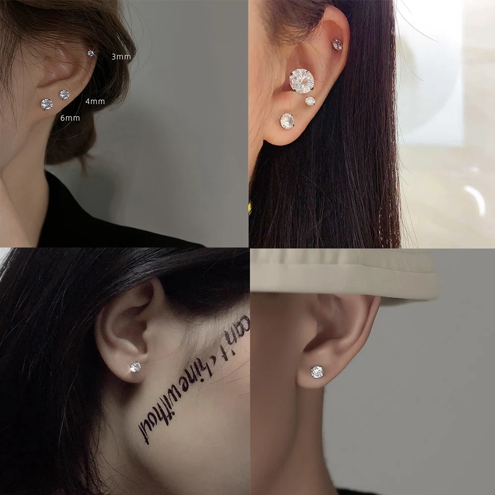 LUXUSTEEL 1Pairs/2Pcs Stainless Steel Crystal Studs Earrings For Women Men 4 Prong Tragus Round Clear Cubic Zirconia Ear Jewelry - Image 4