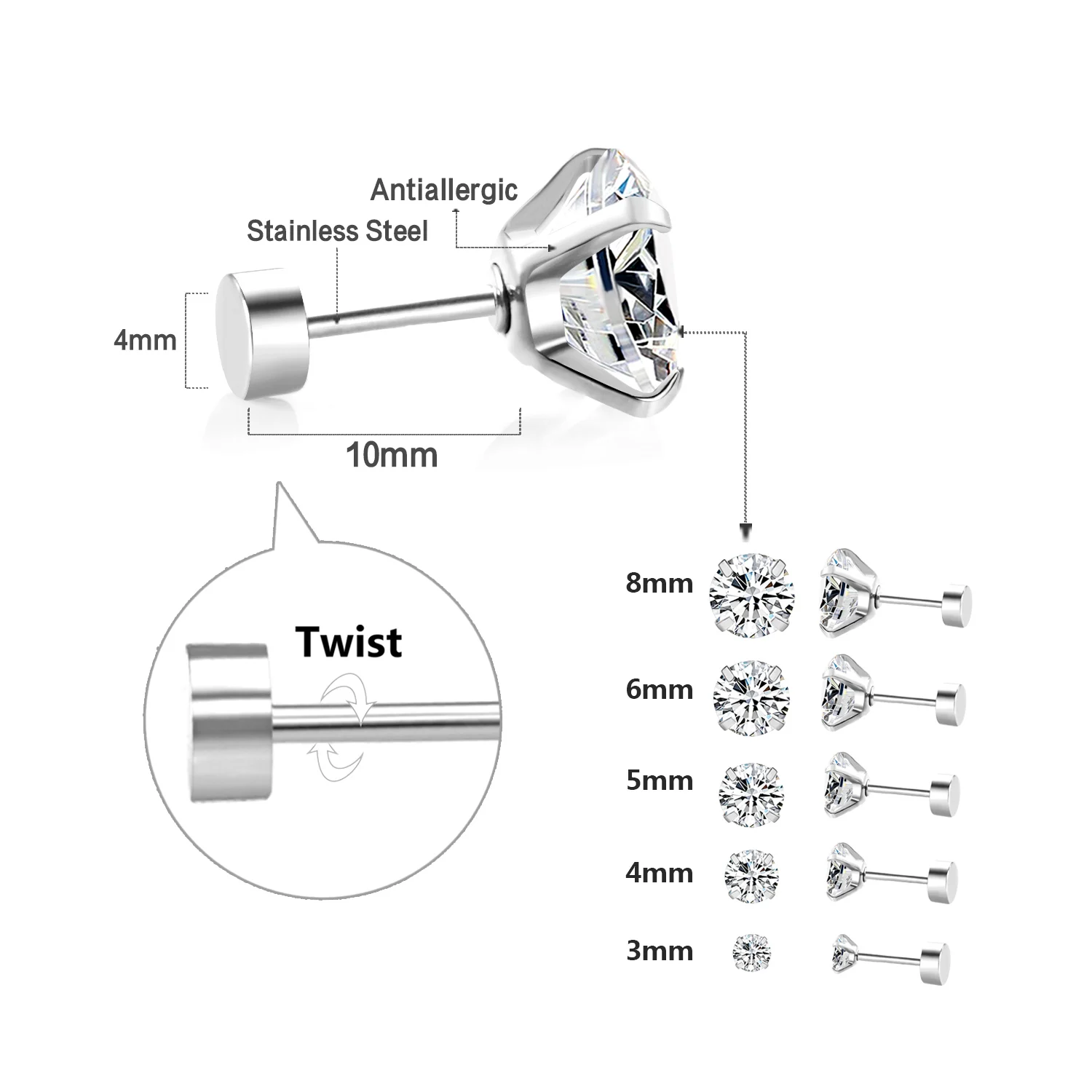 LUXUSTEEL 1Pairs/2Pcs Stainless Steel Crystal Studs Earrings For Women Men 4 Prong Tragus Round Clear Cubic Zirconia Ear Jewelry - Image 2