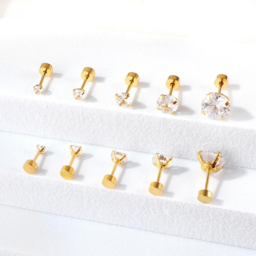 LUXUSTEEL 1Pairs/2Pcs Stainless Steel Crystal Studs Earrings For Women Men 4 Prong Tragus Round Clear Cubic Zirconia Ear Jewelry - Image 5