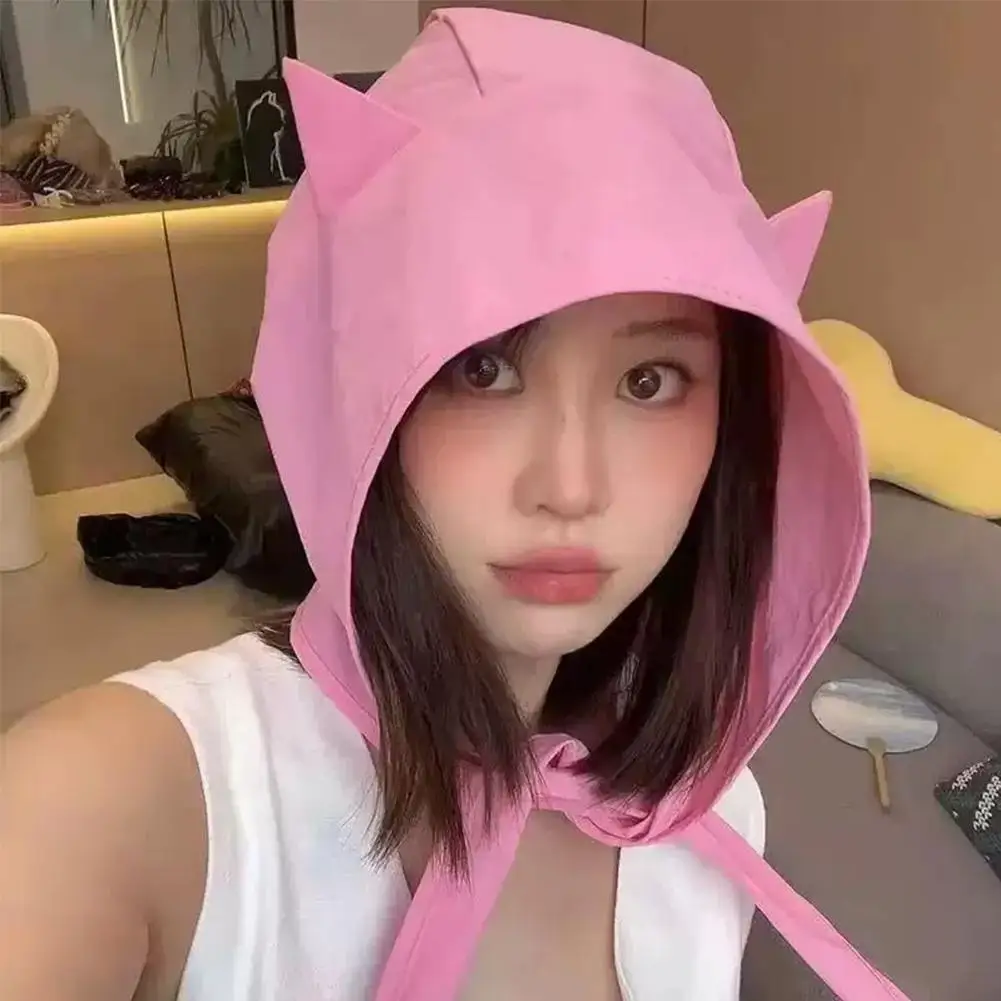 Little Devil Sun Hat for Daily Wear Outdoor Soft Polyester Cute Lightweight Headscarf with Chin Tie Trendy Sun Protection Bonnet - Image 5