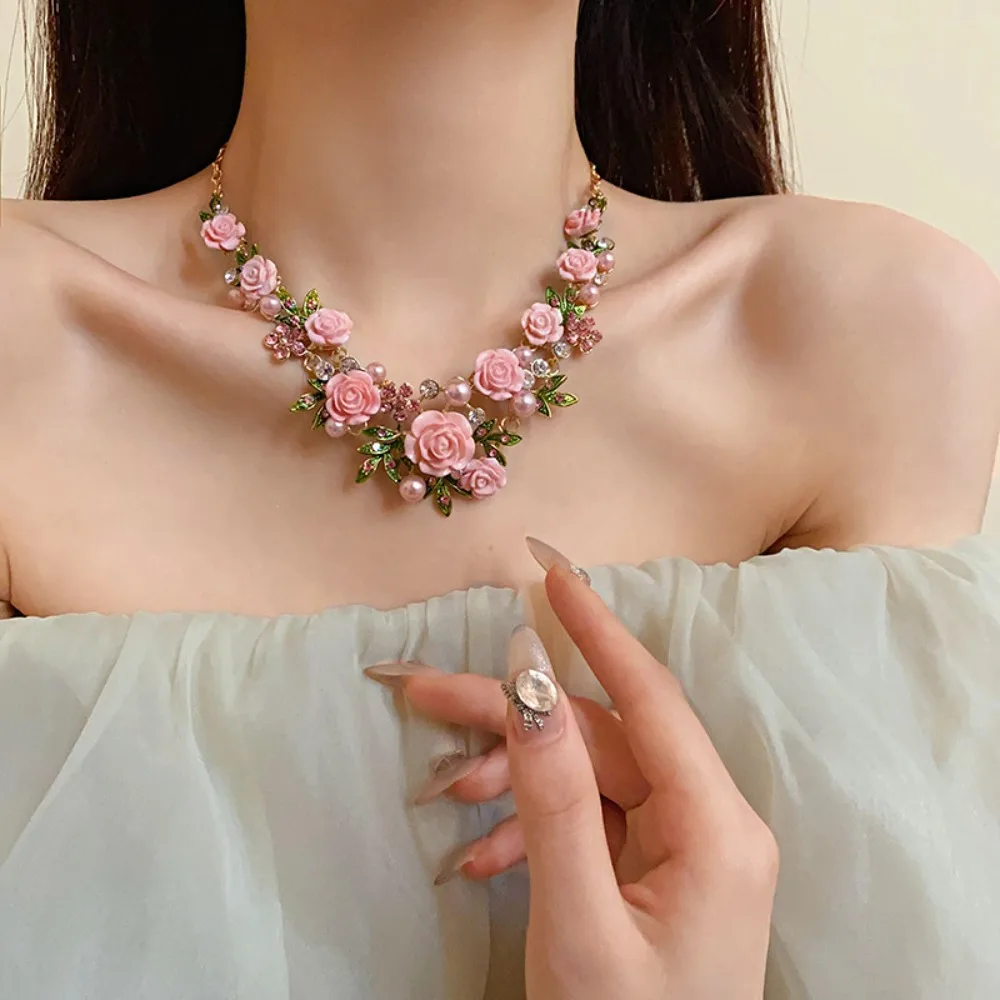 Luxurious Rhinestone Rose Flower Necklace Pearl Choker Flower Bracelet Sweet Collarbone Chain Stud Earrings Banquets - Image 2