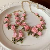 Luxurious Rhinestone Rose Flower Necklace Pearl Choker Flower Bracelet Sweet Collarbone Chain Stud Earrings Banquets