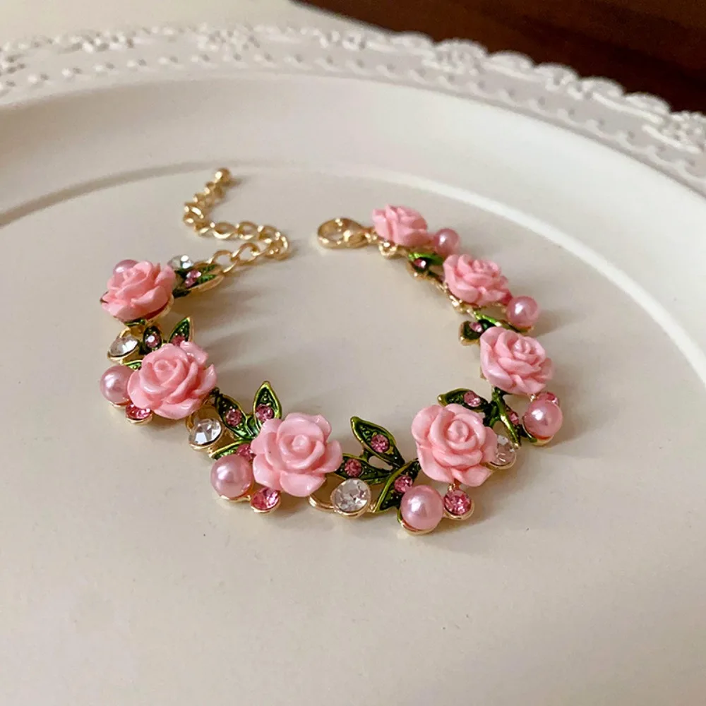 Luxurious Rhinestone Rose Flower Necklace Pearl Choker Flower Bracelet Sweet Collarbone Chain Stud Earrings Banquets - Image 4