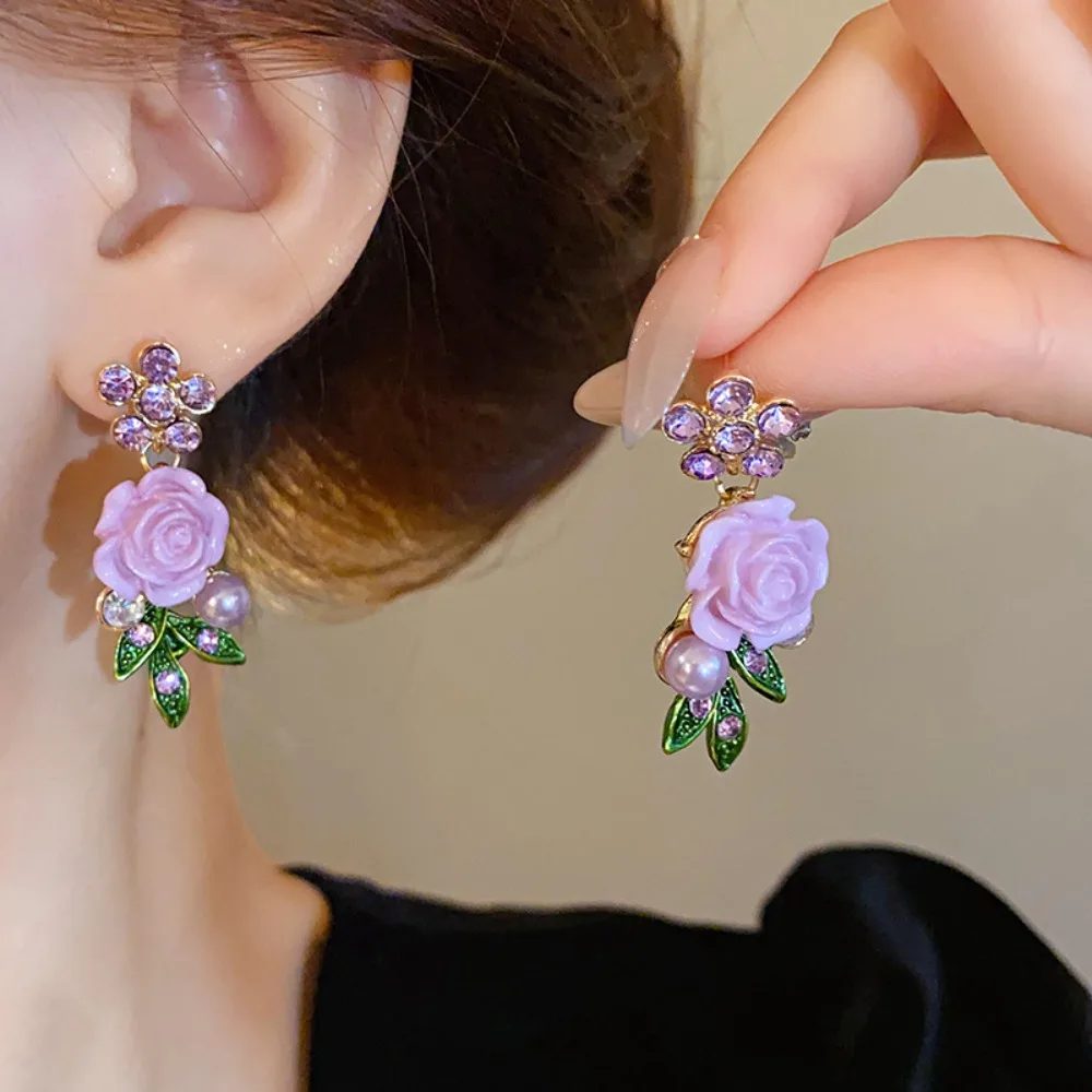 Luxurious Rhinestone Rose Flower Necklace Pearl Choker Flower Bracelet Sweet Collarbone Chain Stud Earrings Banquets - Image 3