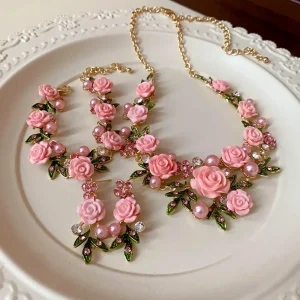 Luxurious Rhinestone Rose Flower Necklace Pearl Choker Flower Bracelet Sweet Collarbone Chain Stud Earrings Banquets