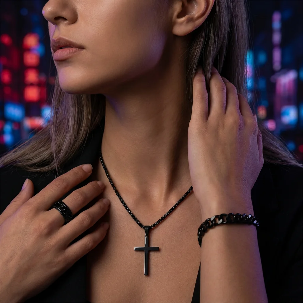 Luxury Black Jewelry Set for Women Men Cuban Chain Bracelet Cross Pendant Necklace Spinner Ring Best Valentine Accessories Gift - Image 3