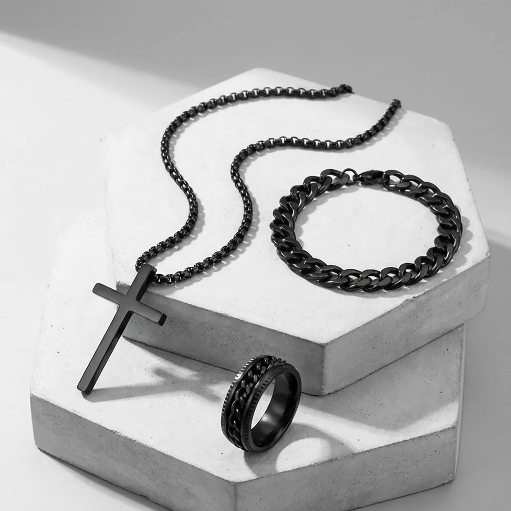 Luxury Black Jewelry Set for Women Men Cuban Chain Bracelet Cross Pendant Necklace Spinner Ring Best Valentine Accessories Gift - Image 5