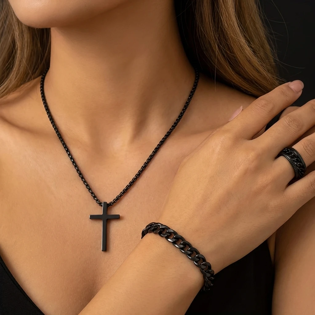Luxury Black Jewelry Set for Women Men Cuban Chain Bracelet Cross Pendant Necklace Spinner Ring Best Valentine Accessories Gift